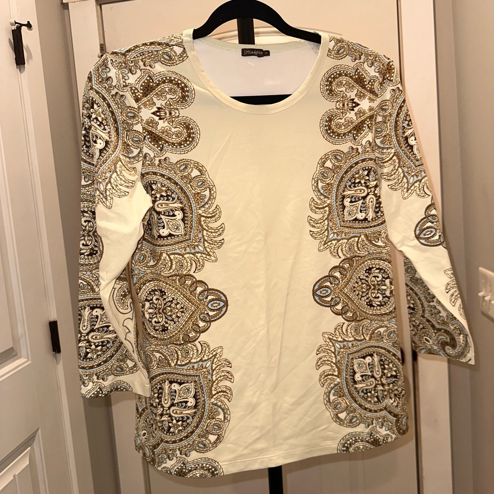 J McLaughlin Size Medium Paisley Print Cream Long Sleeve Top - Picture 2 of 10